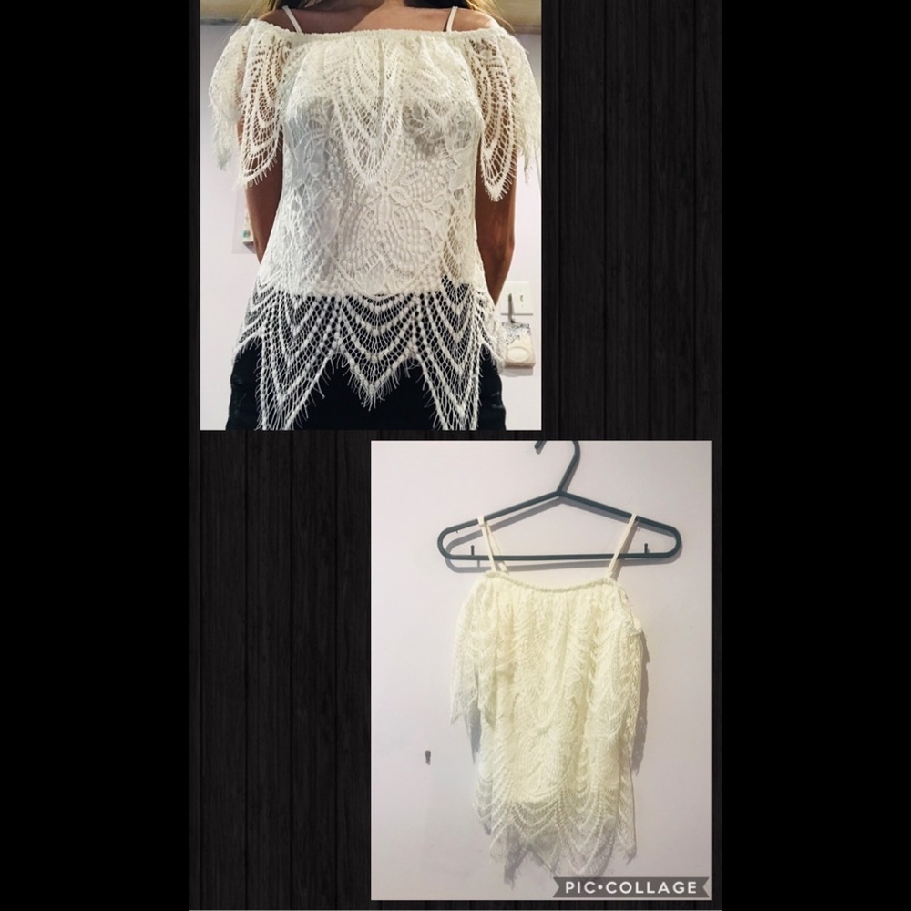 White flower petal design off the shoulder shirt